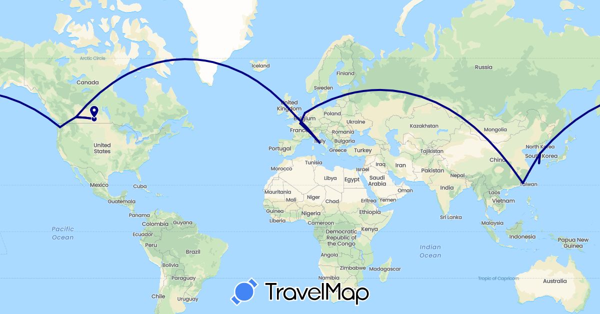 TravelMap itinerary: driving in Canada, China, France, United Kingdom, Italy, South Korea, Netherlands, United States (Asia, Europe, North America)